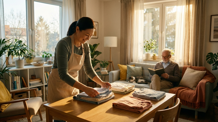 Eine engagierte Haushaltshilfe beim Zusammenlegen von frischer Wäsche in einem sonnigen, aufgeräumten Wohnzimmer. Im Hintergrund liest ein älterer Herr entspannt auf dem Sofa ein Buch. Realistische Szene, warme Farben, keine Schriften.