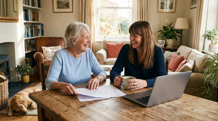 Eine lächelnde Seniorin und eine freundliche Beraterin sitzen an einem Holztisch im Wohnzimmer und besprechen entspannt Dokumente. Eine Tasse Tee steht auf dem Tisch. Vertrauensvolle Atmosphäre, helles Licht, keine lesbaren Texte.