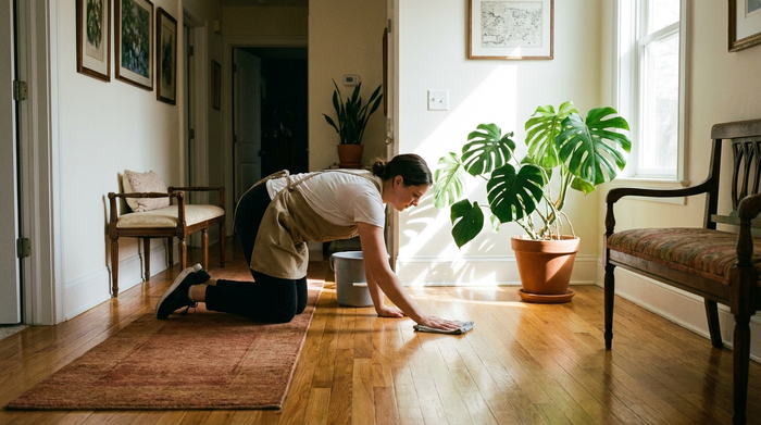 Ein sauberer, glänzender Holzfußboden in einem gemütlichen, gut beleuchteten Flur. Eine professionelle Reinigungskraft mit Schürze wischt den Boden, während eine grüne Zimmerpflanze im Sonnenlicht steht. Fokus auf Sauberkeit und Ordnung, realistische Fotografie.