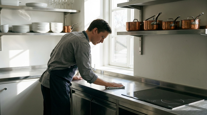 Eine ordentliche, hygienische Küche, in der eine Person in unauffälliger Arbeitskleidung konzentriert die Arbeitsflächen mit einem sauberen Tuch reinigt. Helle Beleuchtung, aufgeräumtes Ambiente.
