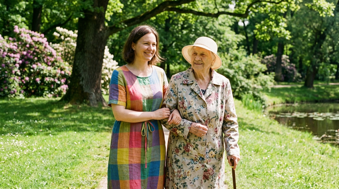 Eine geduldige Alltagsbegleiterin und eine ältere Dame spazieren gemeinsam Arm in Arm durch einen sonnigen, grünen Park. Beide lächeln entspannt, farbenfrohe Natur im Hintergrund.