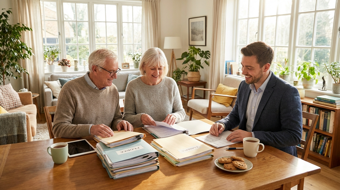 Ein älteres Ehepaar sitzt am Schreibtisch und sortiert gemeinsam mit einer jüngeren Beraterin übersichtlich angeordnete Dokumente. Konzentrierte, positive Stimmung in einem hellen Wohnzimmer.