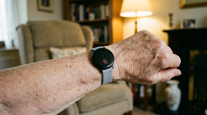 Nahaufnahme des Handgelenks einer älteren Person, die einen modernen, unauffälligen Hausnotruf-Knopf trägt. Im Hintergrund leicht verschwommen eine gemütliche Wohnzimmereinrichtung.