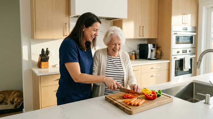 Eine aufmerksame Betreuungskraft hilft einer älteren Dame liebevoll beim Schneiden von Gemüse in einer modernen, sauberen Küche. Beide wirken entspannt und lachen miteinander.