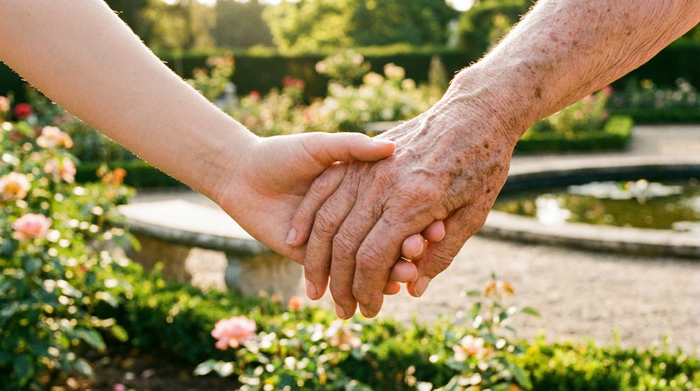 Zwei Hände, eine jüngere und eine ältere, halten sich vertrauensvoll. Im Hintergrund erkennt man unscharf einen gepflegten Garten an einem sonnigen Nachmittag.