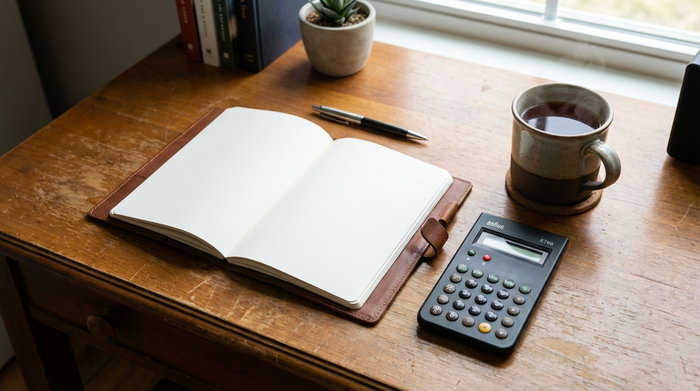 Ein offenes, leeres Notizbuch liegt neben einem klassischen Taschenrechner auf einem hölzernen Schreibtisch, daneben steht eine dampfende Tasse Tee. Ordentliche und aufgeräumte Szenerie.