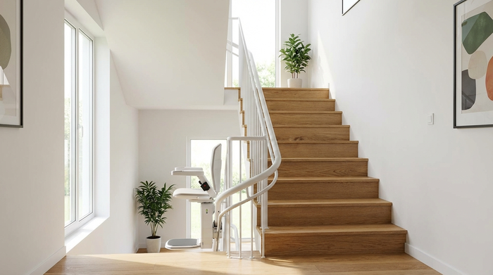 Ein moderner, unauffälliger Treppenlift in einem hellen Treppenhaus eines Einfamilienhauses. Die Treppenstufen sind aus warmem Holz, das Geländer aus weißem Metall.