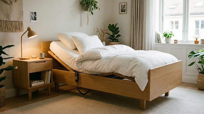 Ein modernes, stufenlos höhenverstellbares Pflegebett aus hellem Holz in einem gemütlichen Schlafzimmer. Weiße, frische Bettwäsche, ein Nachttisch mit einer Leselampe daneben. Realistische, saubere und beruhigende Umgebung ohne klinische Atmosphäre.