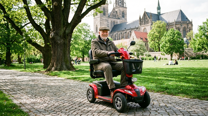 Ein rüstiger Rentner fährt mit einem modernen, roten Elektromobil auf einem gepflasterten Weg durch einen grünen Park in Magdeburg. Sonniges Wetter, große Bäume im Hintergrund, glücklicher und selbstbestimmter Gesichtsausdruck.