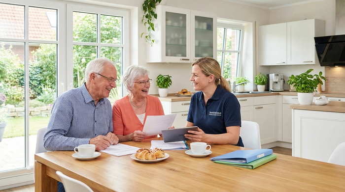 Ein älteres Ehepaar sitzt gemeinsam am Esstisch und bespricht gut gelaunt Dokumente mit einer freundlichen Beraterin eines Sanitätshauses. Helle, aufgeräumte Küche, Kaffeetassen auf dem Tisch, vertrauensvolle Stimmung.