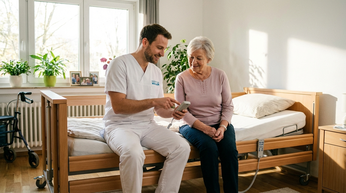 Ein freundlicher Techniker in sauberer Arbeitskleidung erklärt einer älteren Dame geduldig die Fernbedienung eines neuen Pflegebettes. Die Dame nickt verständnisvoll. Helles, freundliches Schlafzimmer mit großen Fenstern.