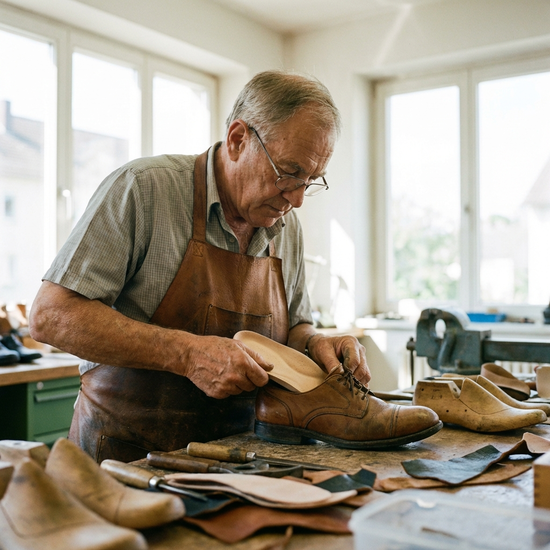 Ein Orthopädieschuhmacher in einer hellen Werkstatt passt sorgfältig eine weiche, maßgefertigte Einlage in einen bequemen Seniorenschuh ein. Realistische Szene, Handwerkskunst, Fokus auf Details.