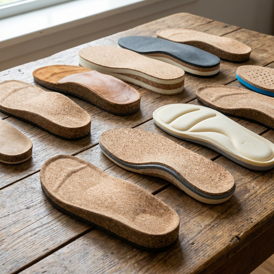 Nahaufnahme von verschiedenen, hochwertigen orthopädischen Einlagen aus Kork und weichem Schaumstoff, die ordentlich auf einem Holztisch liegen. Keine Beschriftungen, saubere Ausleuchtung.