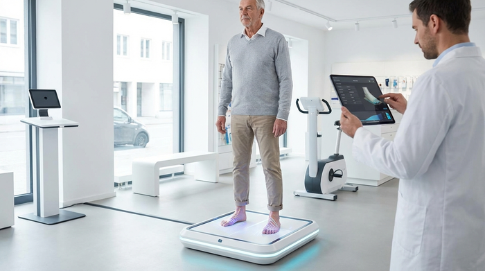 Ein älterer Herr steht barfuß auf einer modernen, leuchtenden 3D-Scanner-Plattform in einem sauberen, hellen Sanitätshaus. Ein Techniker im Hintergrund bedient ein Tablet zur Datenerfassung.
