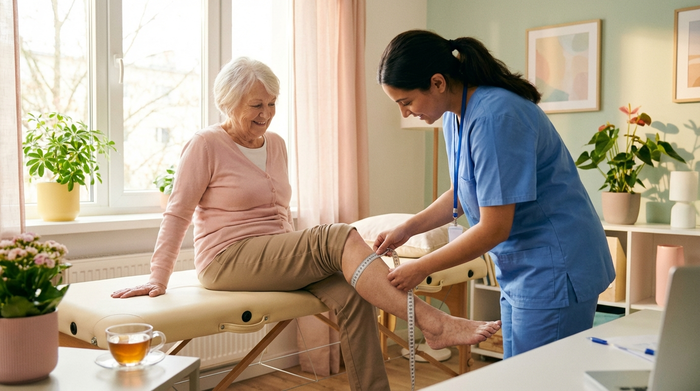 Eine medizinische Fachkraft misst am frühen Morgen mit einem flexiblen Maßband behutsam den Wadenumfang einer älteren Dame, die entspannt auf einer Liege sitzt. Helle, freundliche Atmosphäre.