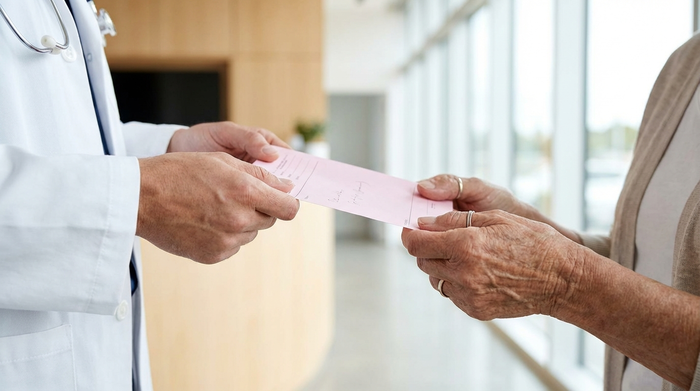 Nahaufnahme der Hände eines Arztes, der ein rosafarbenes Rezeptformular an eine ältere Patientin in einer modernen, hellen Arztpraxis überreicht. Fokus auf die Geste des Überreichens, sanftes Licht, ohne erkennbaren Text.
