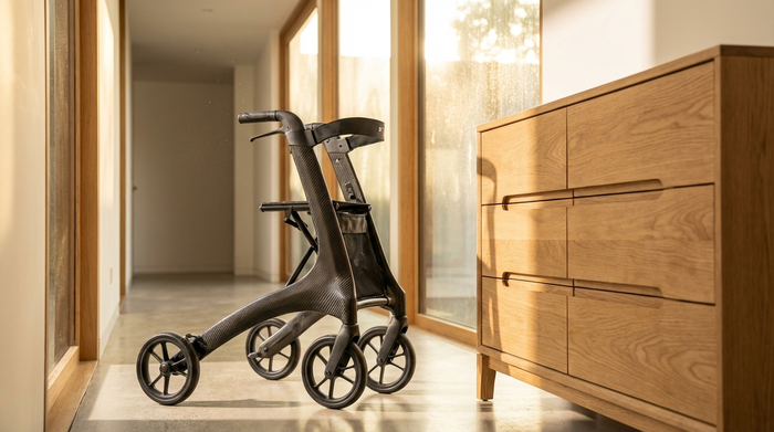 Ein eleganter, moderner Leichtgewichtrollator aus dunklem Carbon steht in einem sonnendurchfluteten Hausflur neben einer stilvollen Holzkommode. Hochwertige Verarbeitung, sauberes und sicheres Umfeld, keine Beschriftungen.