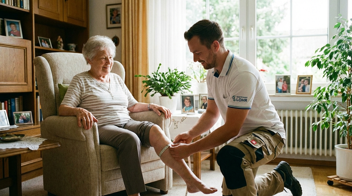 Eine freundliche Sanitätshaus-Mitarbeiterin in gepflegter Arbeitskleidung misst mit einem Maßband das Bein einer sitzenden älteren Dame in deren gemütlichem Wohnzimmer ab. Vertrauensvolle und professionelle Situation im hellen Tageslicht.