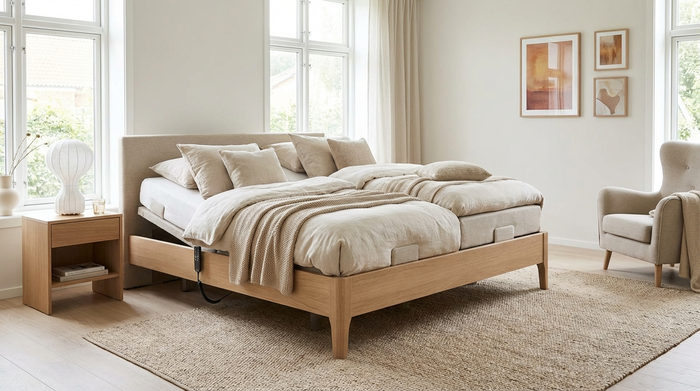 Ein modern ausgestattetes, helles Schlafzimmer mit einem komfortablen, elektrisch verstellbaren Pflegebett. Das Bett fügt sich harmonisch in die wohnliche Umgebung ein, weiche Kissen und Decken, beruhigende Atmosphäre, aufgeräumtes Zimmer.