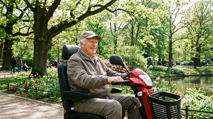 Ein rüstiger Rentner fährt mit einem modernen, roten Elektromobil an einem sonnigen Tag durch einen grünen Park mit großen Bäumen. Er lächelt entspannt und genießt seine neu gewonnene Mobilität in der Natur.