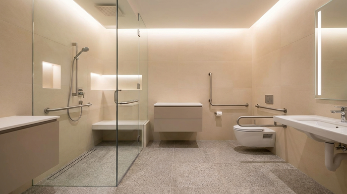 Ein modernes, barrierefreies Badezimmer mit einer ebenerdigen, verglasten Dusche, einem rutschfesten Boden und stabilen Haltegriffen an den hellen Wänden. Aufgeräumtes und sicheres Ambiente, warme Beleuchtung.