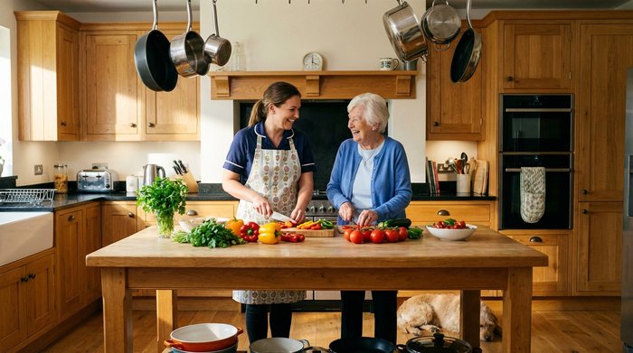 Eine sympathische Betreuungskraft kocht gemeinsam mit einer Seniorin in einer sauberen, gut ausgestatteten Holzküche. Frisches Gemüse liegt auf der Arbeitsplatte. Lebendige und unterstützende Alltagssituation.