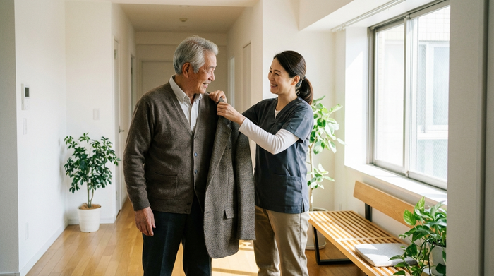 Eine freundliche Pflegekraft hilft einem älteren Herrn behutsam beim Anziehen einer Jacke im hellen Flur einer Wohnung. Helle, saubere Umgebung, realistische Pflegesituation, vertrauensvolle Interaktion.