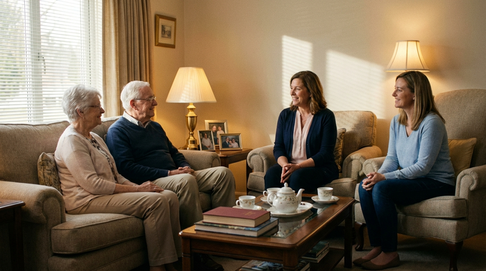 Eine erfahrene Pflegedienstleitung im Gespräch mit einer Seniorenfamilie im Wohnzimmer. Alle sitzen auf bequemen Sofas, die Atmosphäre ist offen, freundlich und zugewandt. Realistische Szene mit warmem Licht.