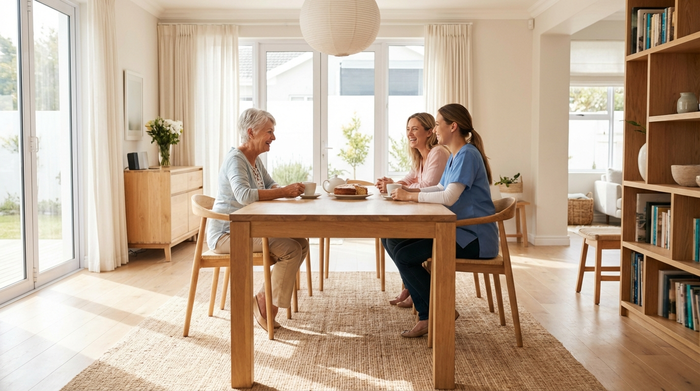Drei Personen sitzen gemeinsam an einem hellen Esstisch: Eine Seniorin, ihre erwachsene Tochter und eine sympathische Betreuungskraft. Sie unterhalten sich fröhlich bei Kaffee und Kuchen. Entspannte Familienatmosphäre, moderne Einrichtung.
