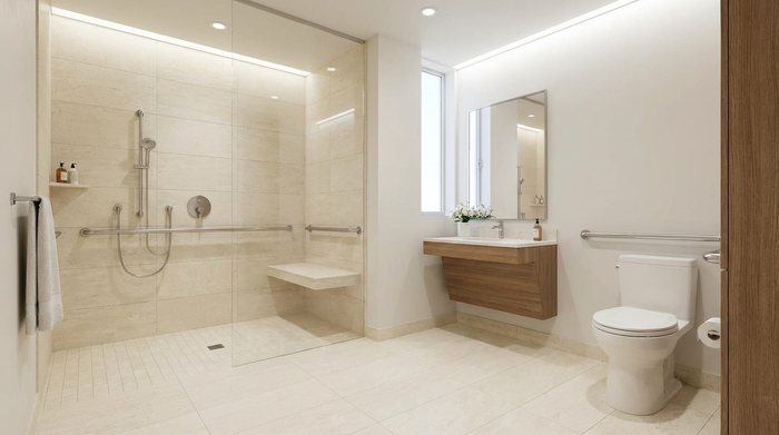Ein modernes, altersgerecht umgebautes Badezimmer mit einer großzügigen, ebenerdigen Dusche, eleganten Haltegriffen und rutschfesten hellen Fliesen. Helles Licht, sauberes und sicheres Design ohne Barrieren.