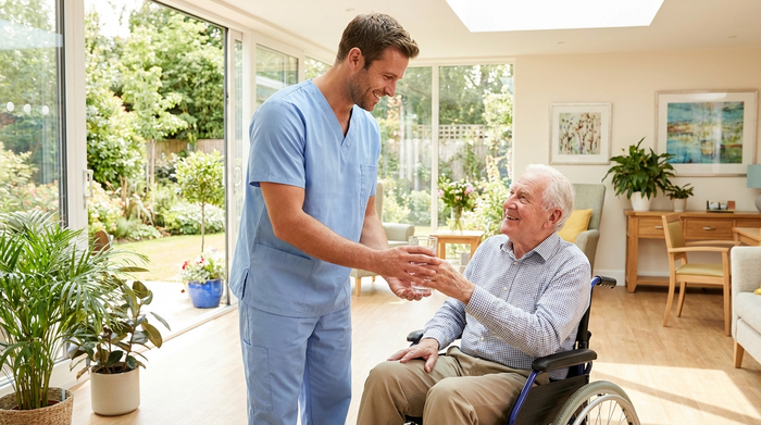Ein fürsorglicher Pfleger in hellblauer Berufskleidung reicht einem lächelnden Senior im Rollstuhl ein Glas Wasser. Sie befinden sich in einem hellen, freundlichen Aufenthaltsraum eines modernen Pflegeheims mit großen Fenstern und Blick ins Grüne.