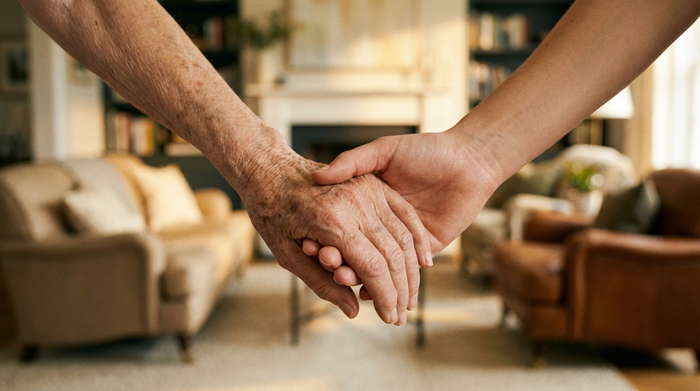 Eine Nahaufnahme von zwei Händen, eine jung und eine alt, die sich tröstend und unterstützend festhalten. Im unscharfen Hintergrund erkennt man ein stilvolles, warm beleuchtetes Zimmer mit gemütlichen Möbeln.