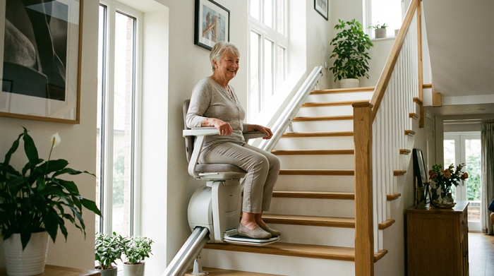 Ein moderner, unauffälliger Treppenlift in einem gepflegten, hellen Einfamilienhaus. Eine ältere Dame fährt sicher und bequem die Holztreppe hinauf, während sie freundlich in die Kamera lächelt.