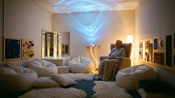 Ein gemütlicher Snoezelen-Raum mit gedimmtem Licht, sanften blauen Lichteffekten an der Decke und bequemen, weißen Sitzkissen auf dem Boden. Eine ältere Person sitzt entspannt in einem Sessel und genießt die beruhigende Atmosphäre.