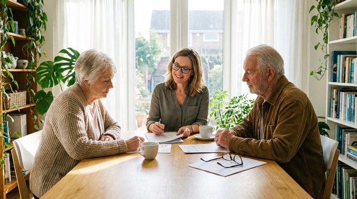 Ein älteres Ehepaar sitzt gemeinsam mit einer freundlichen Beraterin an einem hellen Holztisch und bespricht aufmerksam Dokumente. Die Atmosphäre im Raum ist ernst, aber vertrauensvoll und unterstützend.