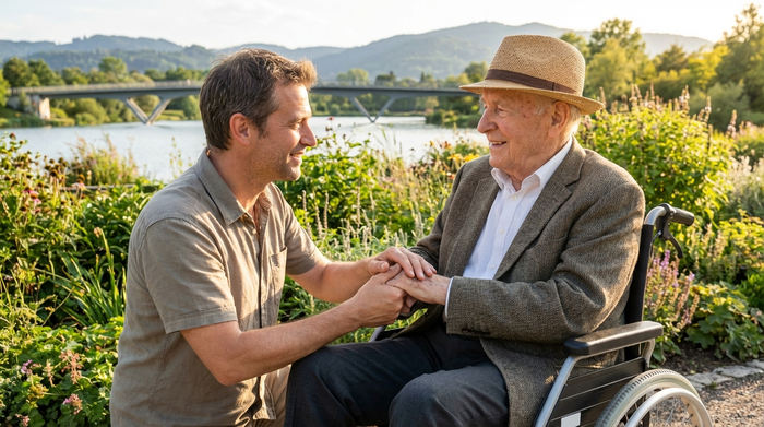 Ein erwachsener Sohn hält liebevoll die Hände seines alten Vaters, der im Rollstuhl in einem sonnigen Garten am Freiburger Seepark sitzt. Beide blicken sich an und wirken entspannt inmitten der grünen Natur.
