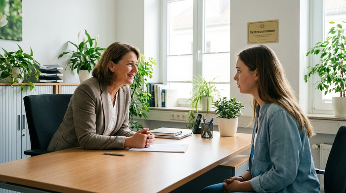 Eine professionelle Beraterin mittleren Alters sitzt an einem aufgeräumten Holzschreibtisch und spricht zugewandt mit einer besorgten Tochter. Helle Büroumgebung, grüne Zimmerpflanzen im Hintergrund, vertrauensvolle Atmosphäre.