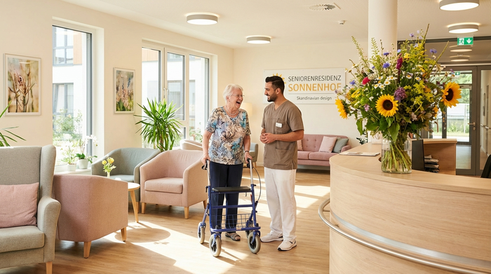 Ein freundliches, helles Foyer einer modernen Seniorenresidenz. Eine ältere Dame mit Rollator unterhält sich angeregt mit einem sympathischen Pfleger. Bequeme Sitzmöbel und ein großer Blumenstrauß auf dem Empfangstresen.