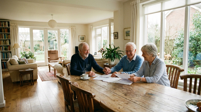 Ein offenes, lichtdurchflutetes Wohnzimmer. Ein älteres Ehepaar sitzt gemeinsam am Esstisch und betrachtet entspannt einige Dokumente. Eine Tasse Kaffee steht dampfend daneben, friedliche und beruhigende Stimmung.