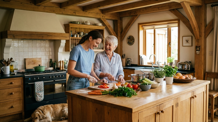 Eine liebevolle Betreuerin kocht gemeinsam mit einer lächelnden Seniorin in einer gemütlichen, gut ausgestatteten Holzküche. Frisches Gemüse liegt auf der Arbeitsplatte, beide haben sichtlich Freude an der gemeinsamen Tätigkeit.