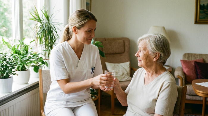 Eine fürsorgliche Pflegekraft in weißer Berufskleidung reicht einer älteren Dame ein Glas Wasser. Friedliche, helle Umgebung mit gepflegten Zimmerpflanzen im Hintergrund. Fokus auf Empathie und Fürsorge.