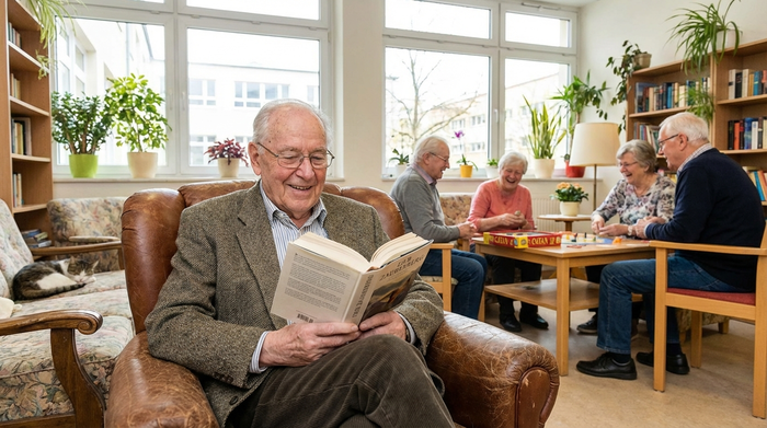 Ein älterer Herr sitzt entspannt in einem bequemen Sessel und liest ein Buch, während im Hintergrund andere Senioren ein Brettspiel spielen. Helles Tageslicht, gemütliche Einrichtung, lebendige Gemeinschaft.