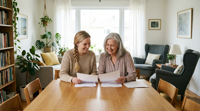 Zwei Frauen, eine jüngere und eine ältere, sitzen an einem aufgeräumten Esstisch und schauen sich gemeinsam lächelnd Dokumente an. Sie wirken entspannt und zufrieden. Helles, gemütliches Wohnzimmer.
