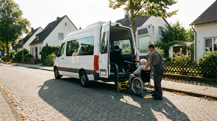 Ein moderner, weißer Kleinbus mit ausgefahrener Hebebühne steht auf einer gepflasterten Straße in einem ruhigen Wohngebiet. Ein fürsorglicher Fahrer steht hilfsbereit daneben. Realistische Beleuchtung, saubere Umgebung.