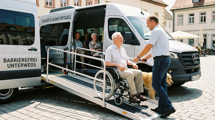 Ein älterer Herr im Rollstuhl wird von einem freundlichen Fahrer über eine flache, sichere Rampe in einen geräumigen Transporter geschoben. Helle, freundliche Atmosphäre, Fokus auf Sicherheit und Barrierefreiheit.