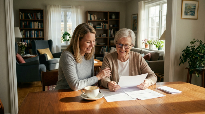 Eine ältere Frau sitzt gemeinsam mit ihrer Tochter an einem hellen Esstisch und betrachtet erleichtert einige Dokumente. Eine Tasse Kaffee steht auf dem Tisch, gemütliche Wohnzimmeratmosphäre im Hintergrund.