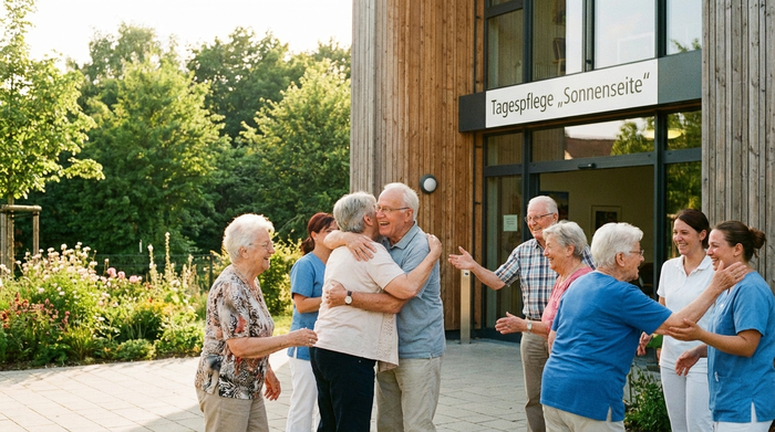 Fröhliche Senioren werden vor dem Eingang einer modernen Tagespflegeeinrichtung von Pflegekräften herzlich in Empfang genommen. Sonniges Wetter, grüne Bäume im Hintergrund, harmonische Stimmung.