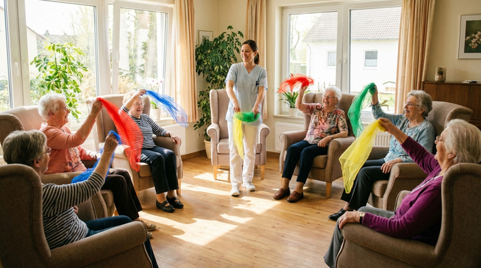Eine Gruppe fröhlicher Senioren sitzt in einem hellen Raum im Kreis auf bequemen Stühlen und macht leichte Gymnastikübungen mit bunten Tüchern. Eine motivierende Therapeutin steht in der Mitte. Sonniges, freundliches Ambiente.
