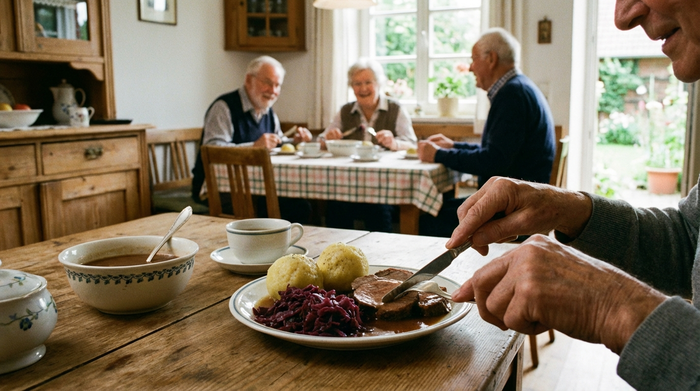 Ein liebevoll zubereitetes traditionelles Mittagessen wird an einem rustikalen Holztisch serviert. Ältere Hände halten Besteck und schneiden das Gericht. Im Hintergrund sitzen unscharf andere Senioren, die in entspannter Gesellschaft essen.