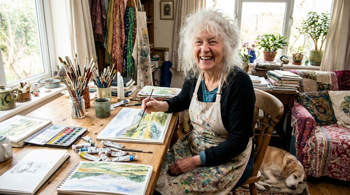 Eine ältere Dame mit weißen Haaren lächelt glücklich, während sie an einem Holztisch sitzt und mit Wasserfarben ein Bild malt. Neben ihr liegen Pinsel und Bastelmaterialien. Helle, kreative Arbeitsumgebung.